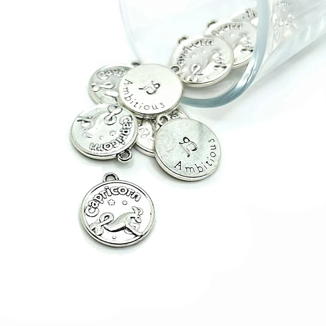 1, 4 or 20 Pieces: Silver Capricorn Zodiac/Astrology Coin Charms, Double Sided