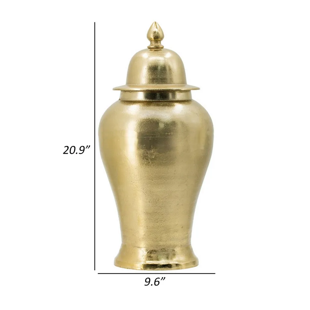 21 Inch Lidded Vase Urn, Finial Accent, Brilliant Gold Aluminum Finish By Casagear Home