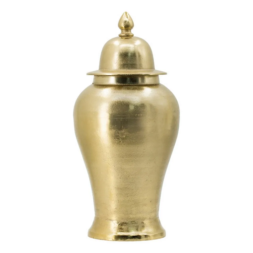 21 Inch Lidded Vase Urn, Finial Accent, Brilliant Gold Aluminum Finish By Casagear Home