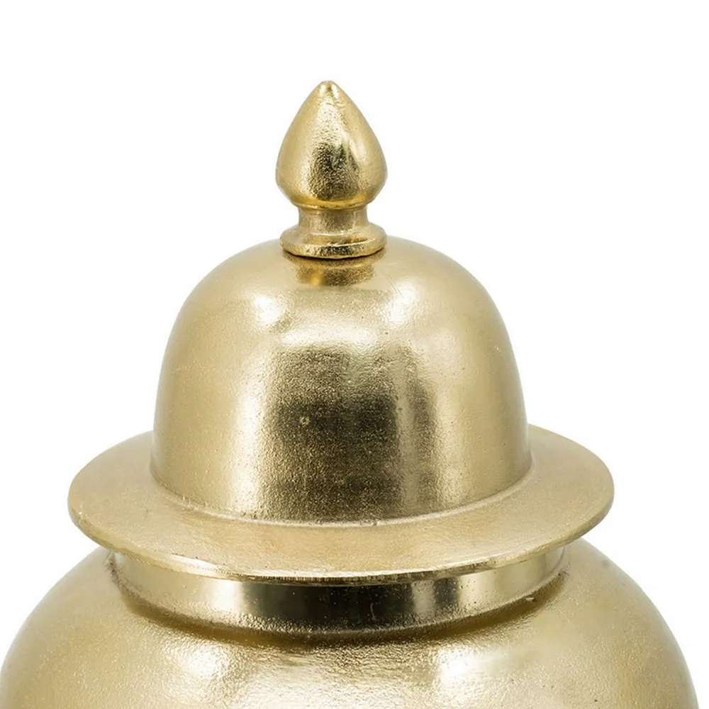 21 Inch Lidded Vase Urn, Finial Accent, Brilliant Gold Aluminum Finish By Casagear Home