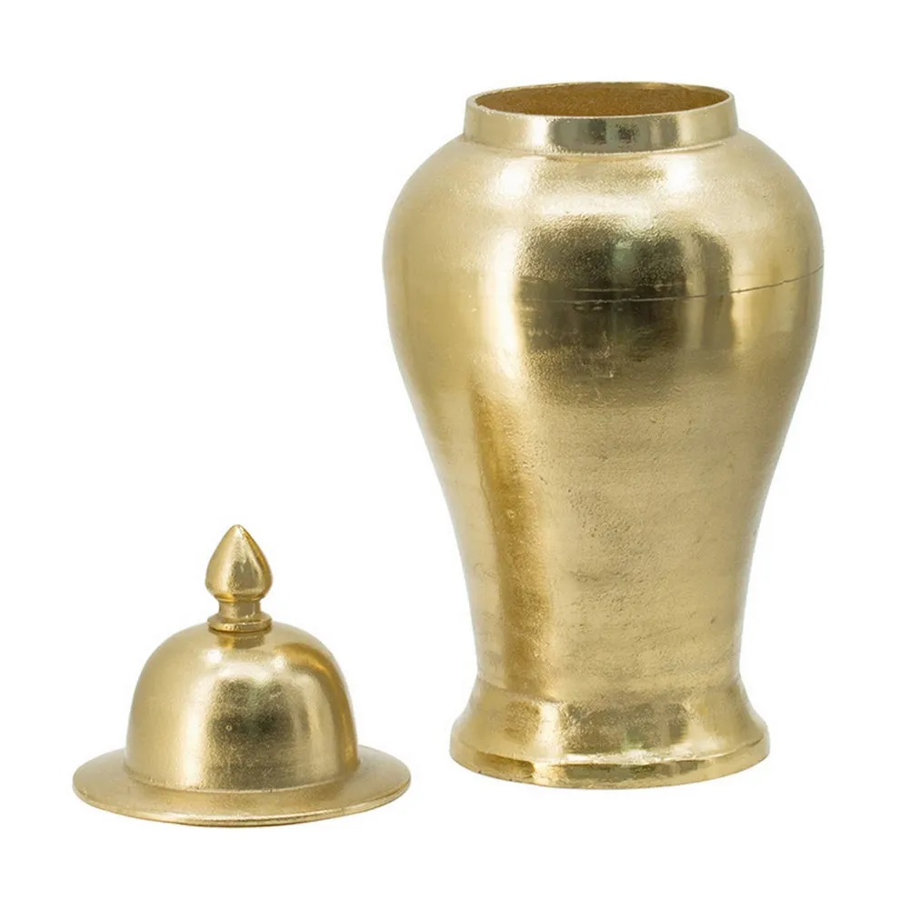 21 Inch Lidded Vase Urn, Finial Accent, Brilliant Gold Aluminum Finish By Casagear Home