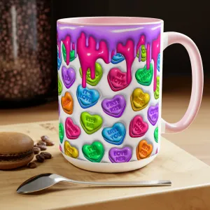 3D Valentine heart mug, Funny Valentine Heart Candy,heart candy mug, conversation heart mug, Two-Tone Coffee Mugs, 15oz