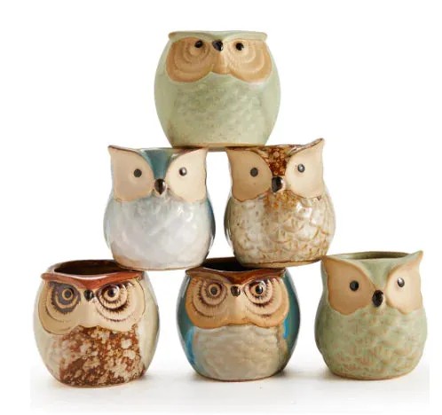 6-Piece Owl Pot Ceramic Glaze Base Set - Whimsical Home Decor for Plant Lovers