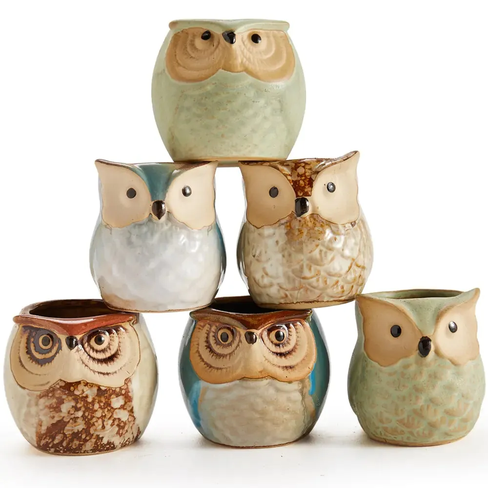 6-Piece Owl Pot Ceramic Glaze Base Set - Whimsical Home Decor for Plant Lovers