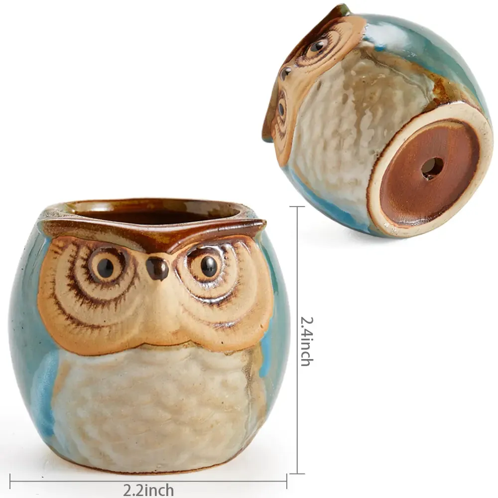 6-Piece Owl Pot Ceramic Glaze Base Set - Whimsical Home Decor for Plant Lovers