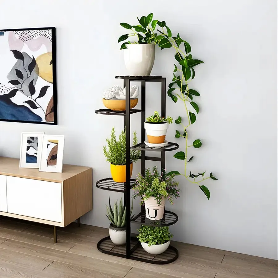 6 Tier Black Metal Plant Stand for 7 Planters