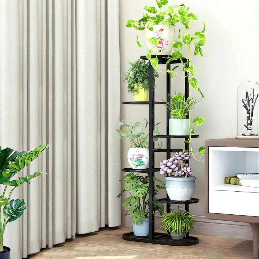 6 Tier Black Metal Plant Stand for 7 Planters