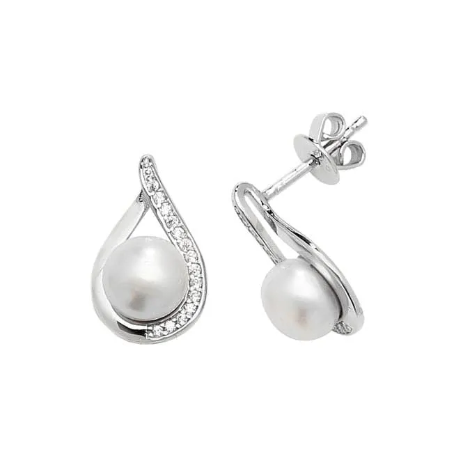 Acotis Silver Stud Earrings Zirconia & Pearl Rhodium Set G51177