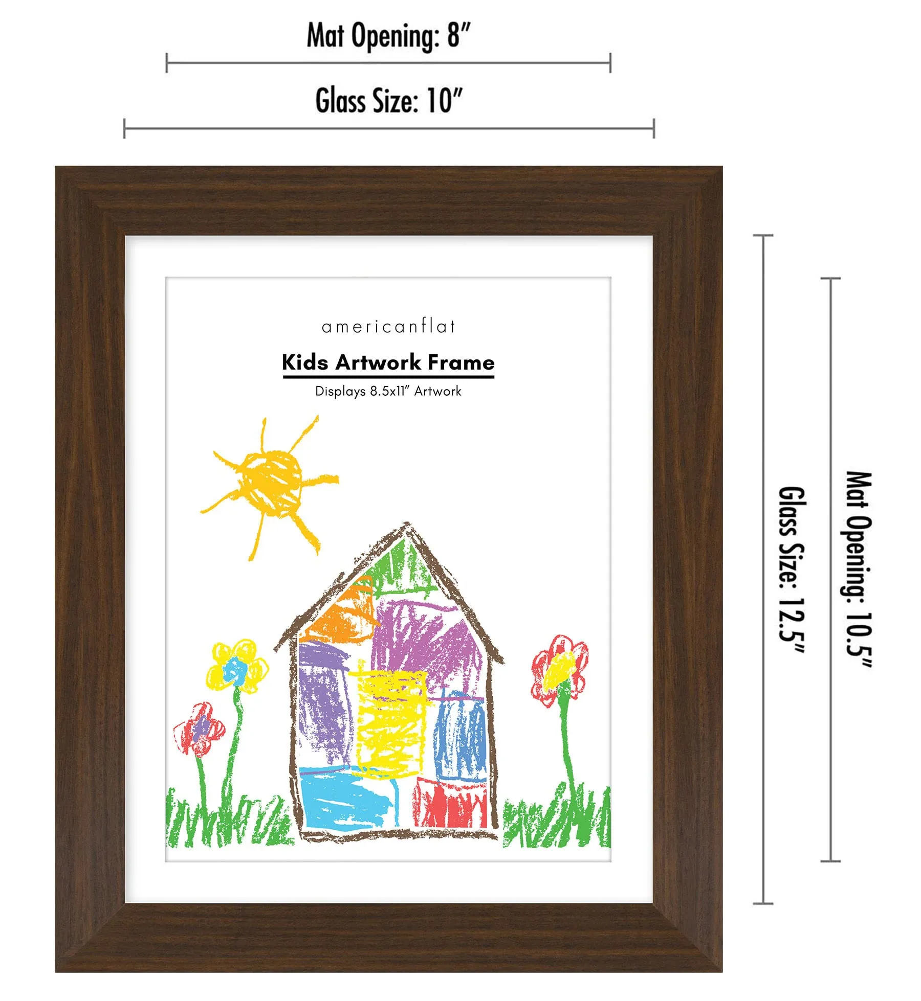 Americanflat10x12.5 Kids Artwork Picture Frame in Walnut- Displays 8.5x11 With Mat and 10x12.5 Without Mat - Composite Wood with Shatter Resistant Glass - Horizontal and Vertical Formats