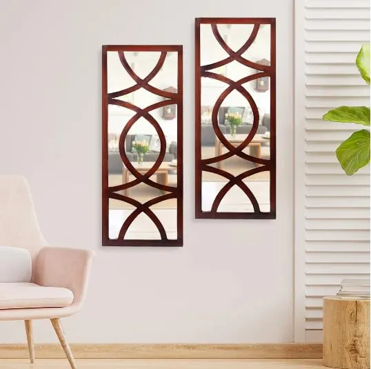 ANTIQUE HOUSE IN Hand Crafted MDF Modern Rectangular Wall Panel Mirror (Walnut, 30 x 12 Inch) (Pack of 2)