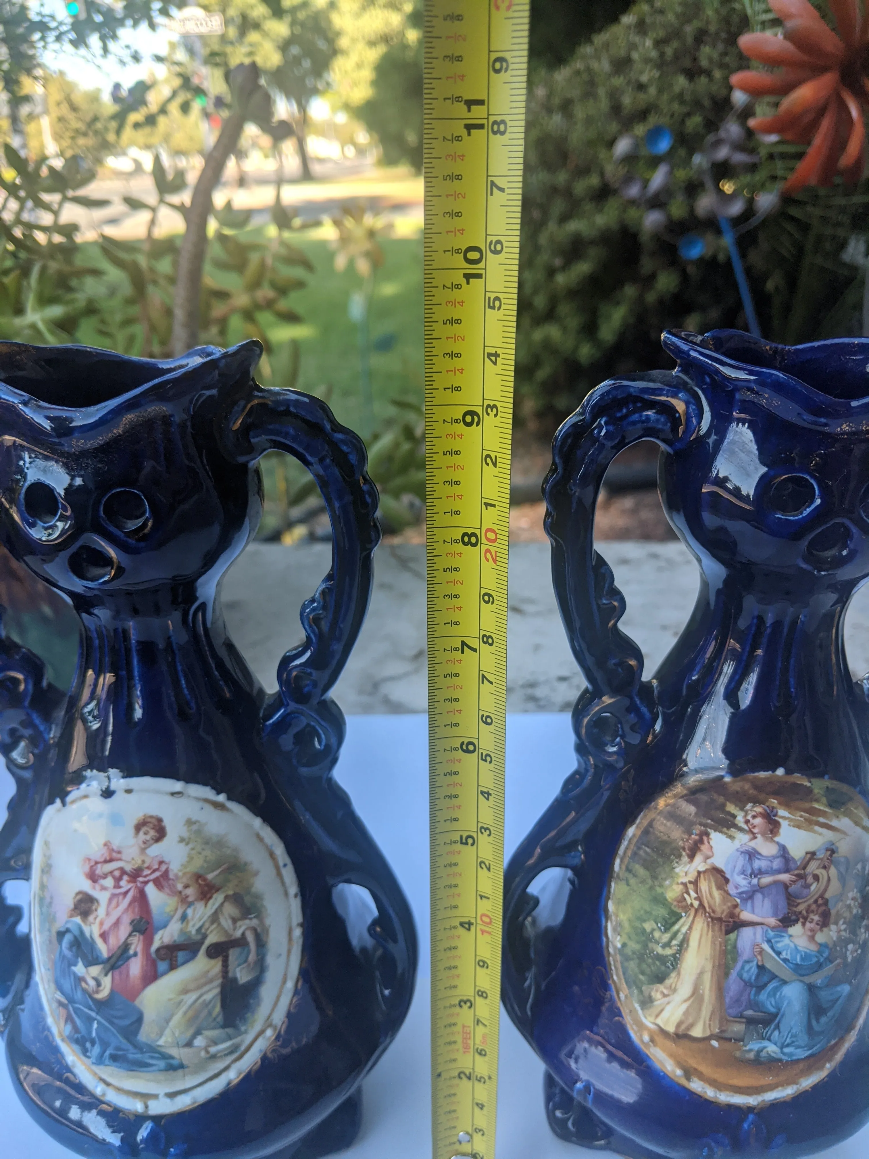 Antique Victorian Ladies Outdoor Scene Hand Painted Blue Antique Austrian Vases