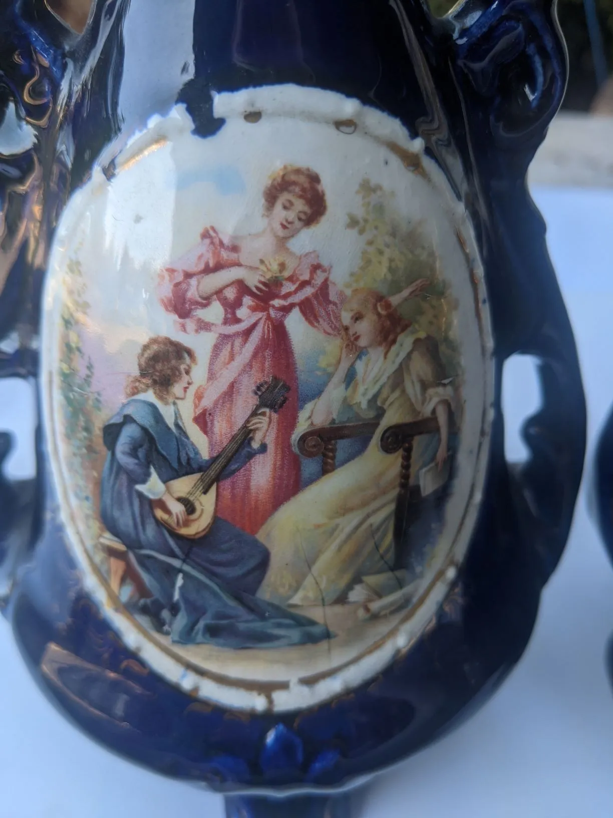 Antique Victorian Ladies Outdoor Scene Hand Painted Blue Antique Austrian Vases