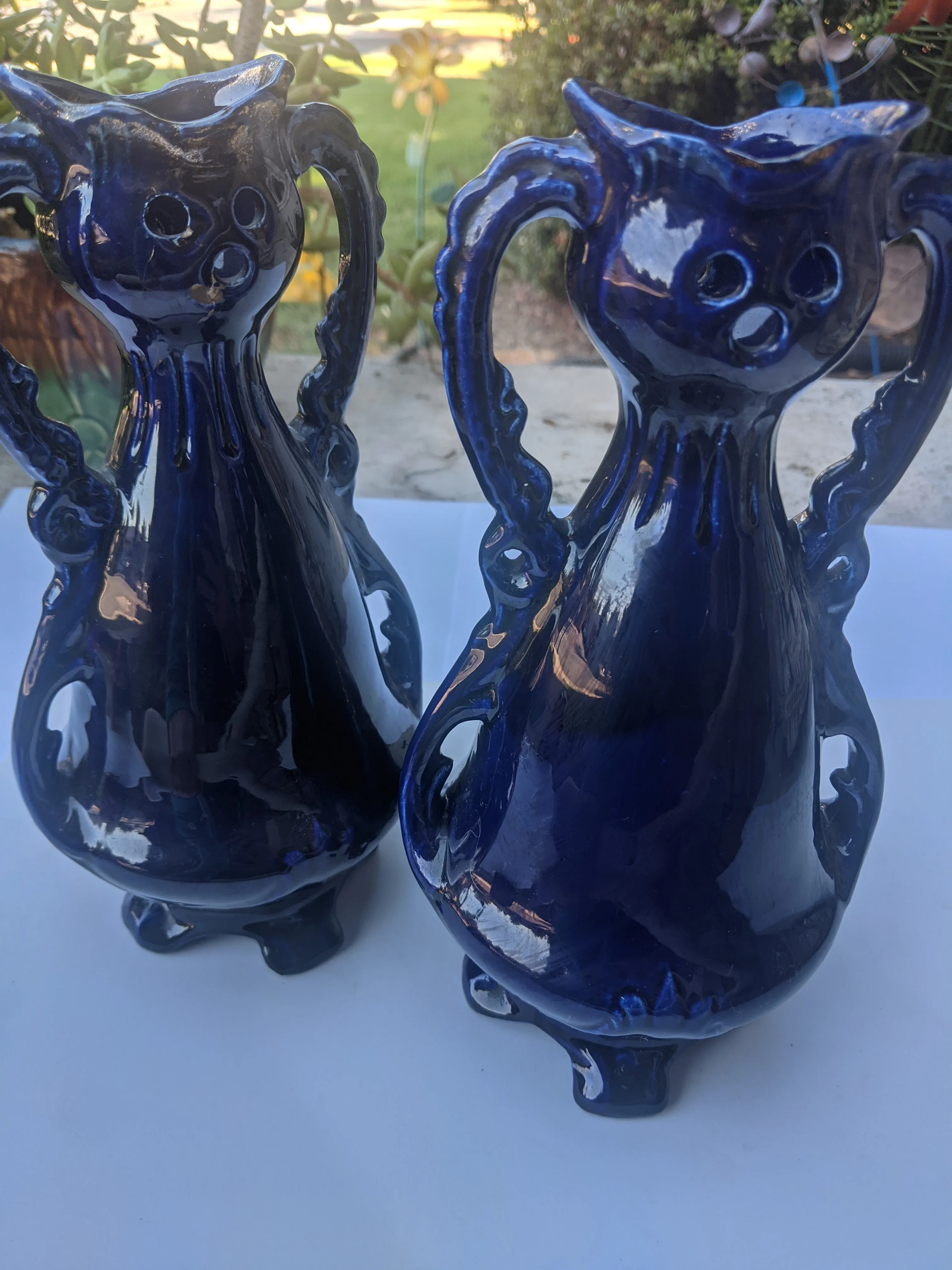 Antique Victorian Ladies Outdoor Scene Hand Painted Blue Antique Austrian Vases