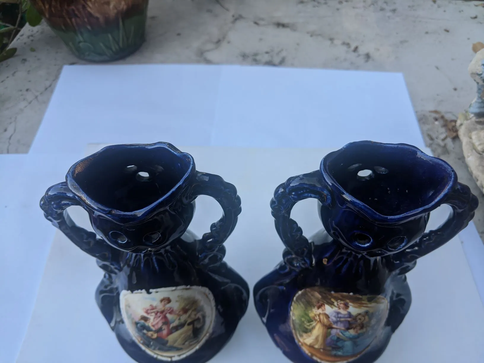 Antique Victorian Ladies Outdoor Scene Hand Painted Blue Antique Austrian Vases