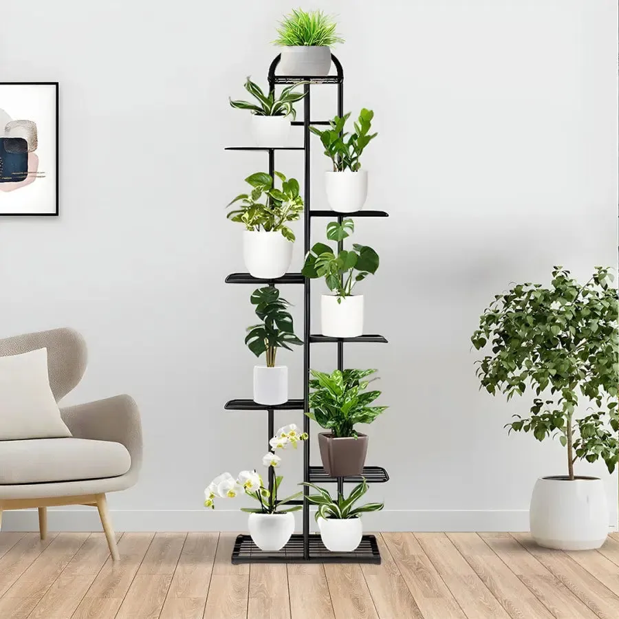 Arched 8 Tier Black Metal Plant Stand for 9 Planters