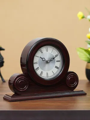 CHRONIKLE Beautiful Rosewood Color Wooden Roman Numbers Round Silver Color Dial Analog Desk Clock for Office Desk Home Living Study Room Gifts (Size: 22 x 7 x 32 CM | Weight: 1275 Gram)