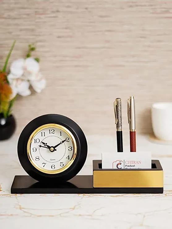 CRAFT SMITH Decorative Wooden Black Analog Home/Office Decor Table/Desk Clock with Pen Stand (Size: 27 x 7.5 x 13.5 CM | Weight: 490 grm | Colour: Black)