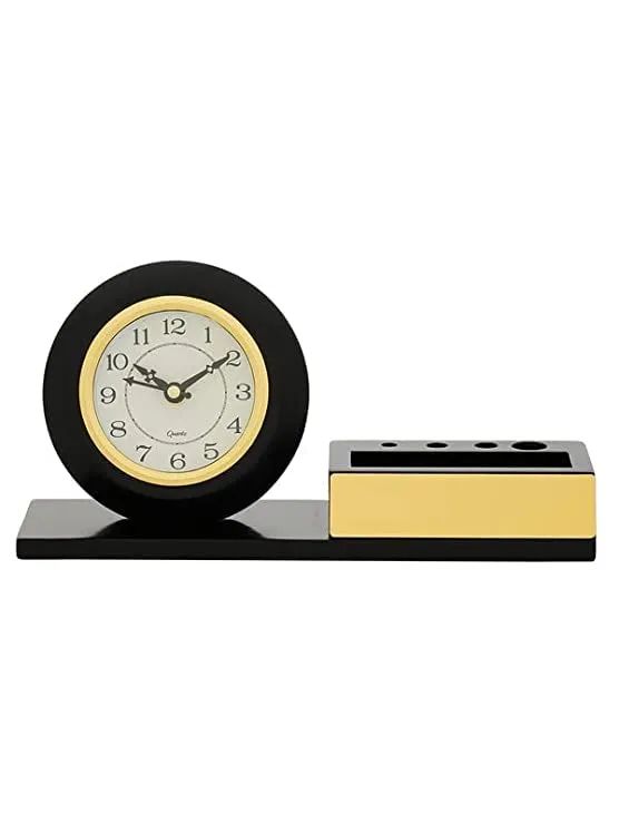 CRAFT SMITH Decorative Wooden Black Analog Home/Office Decor Table/Desk Clock with Pen Stand (Size: 27 x 7.5 x 13.5 CM | Weight: 490 grm | Colour: Black)