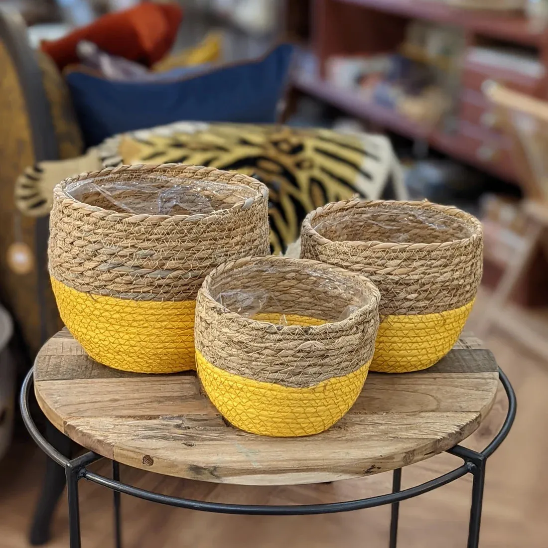 Decoris 15cm Yellow Woven Storage Basket Planters 100% Natural Split Seagrass