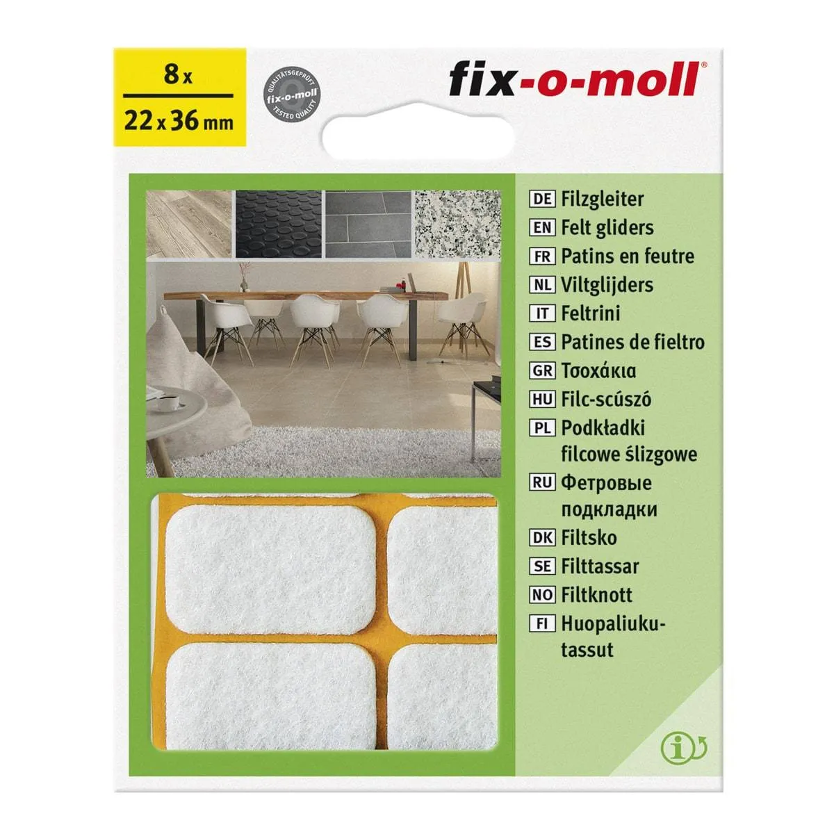 Fix-O-Moll Felt Gliders Self Adhesive Rect White 22 X 36 mm