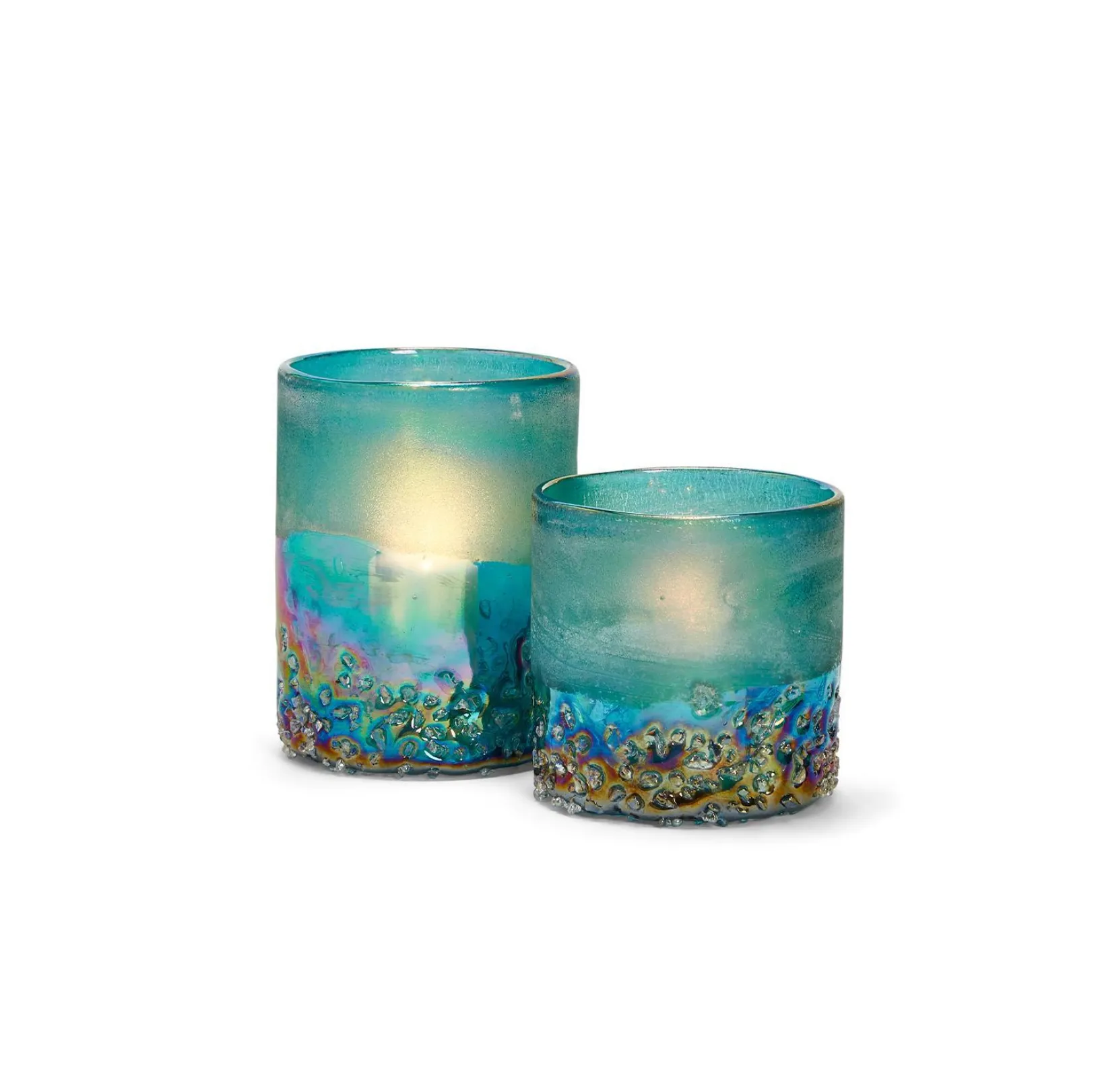 Frosted Iridescent Candle Holders in Seafoam, Set of 2