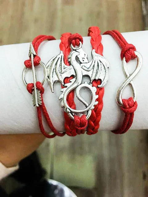 Game of Thrones Men Leather Bracelet Song of Ice and Fire Vintage Punk Antique Silver Dragon Charm for Women