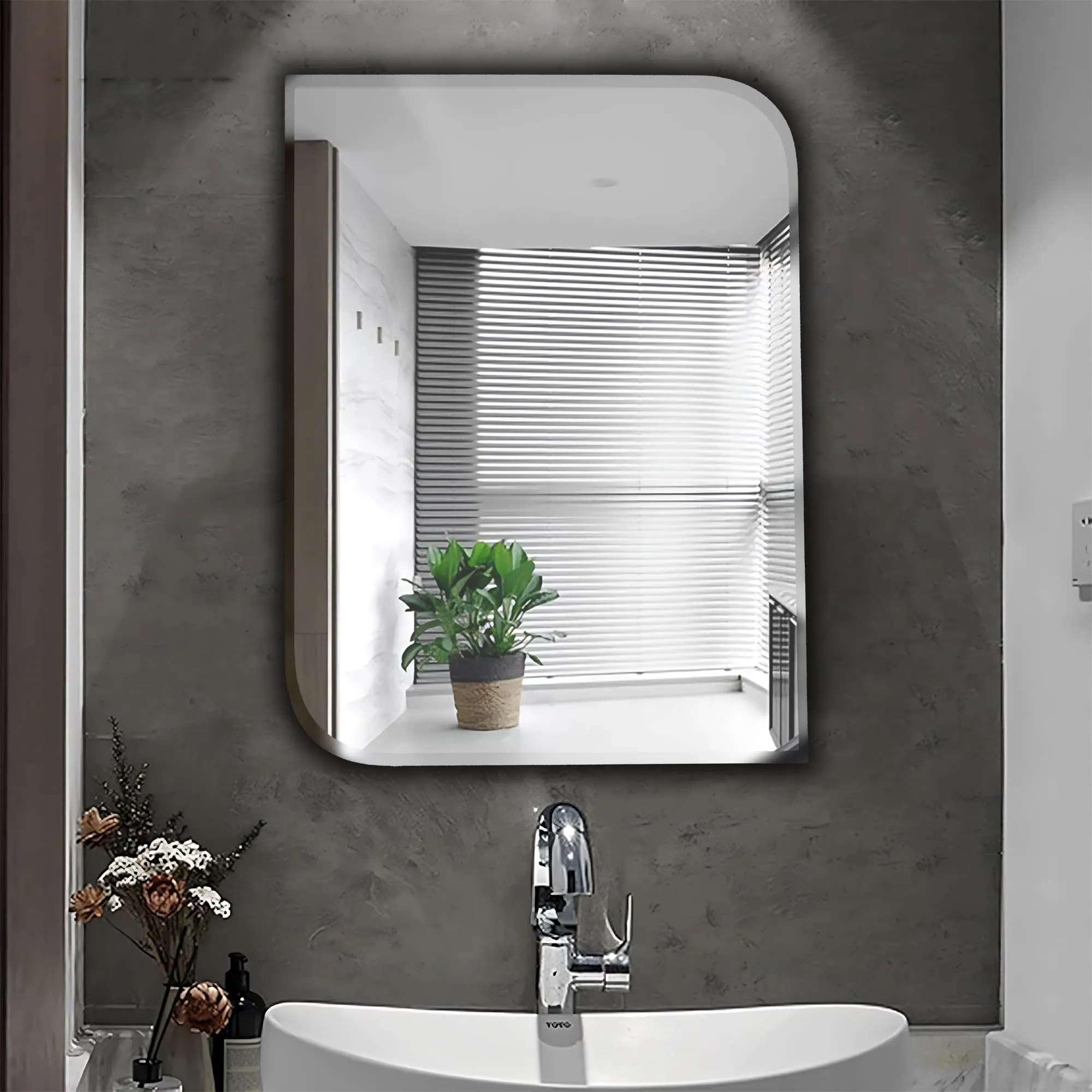 Germa Sanitarywares One Side Curve Edge & Rectangular Wall Mounted Frameless Mirror with Beveled Edges/Wall Mirror for Bathroom/Living Room/Bed Room/Dressing Room – 18x24inch