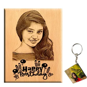 Giftanna Birthday Gift for Women Wooden Personalized Photo Frame with Photo Keychain (5x4 a)