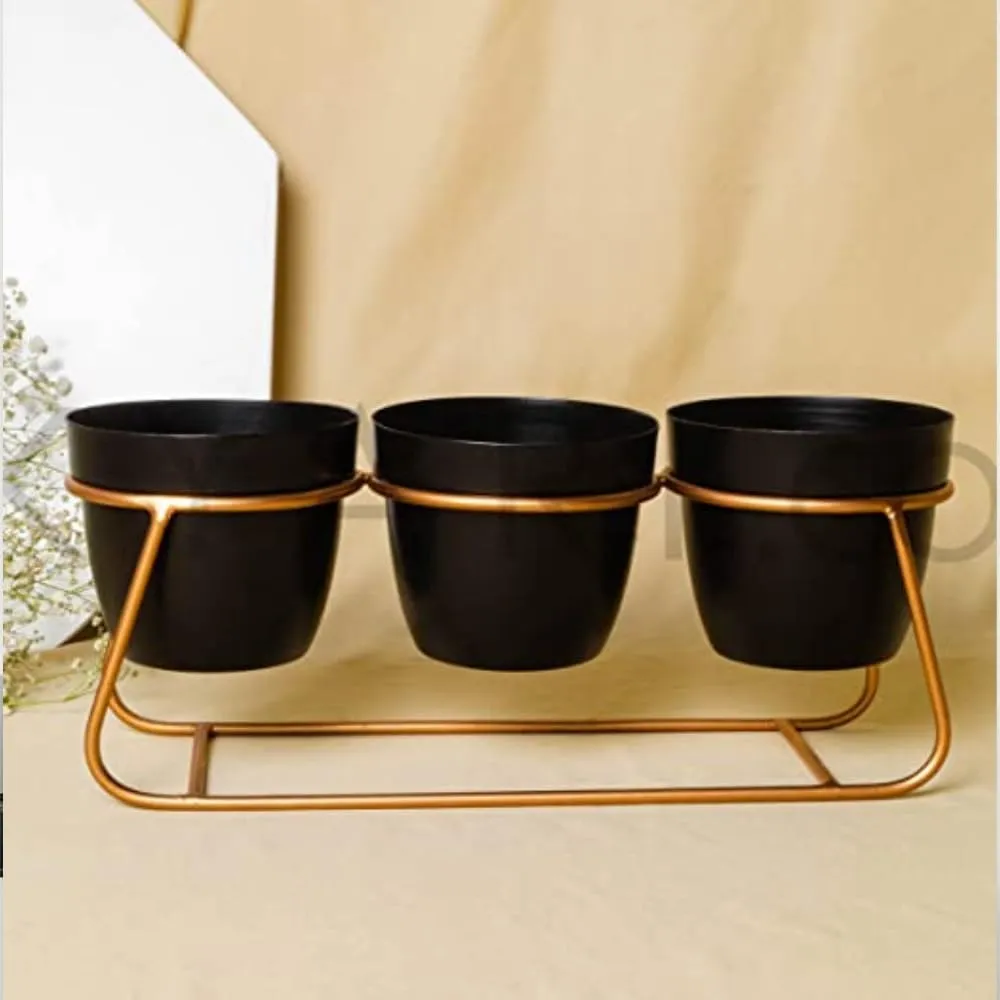 Homestic Planter|Flower Pot for Indoor|Decorative Planter Basket|Home Décor Flowers Pot|Flower Planter for Office Décor|Balcony Flower Pot|3 Planter with Golden Stand|1129-A|Black