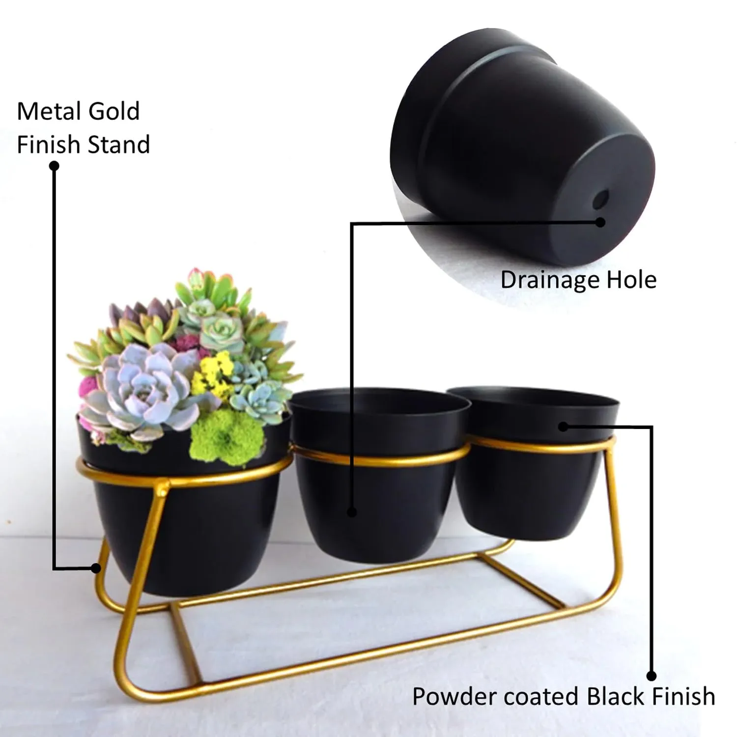 Homestic Planter|Flower Pot for Indoor|Decorative Planter Basket|Home Décor Flowers Pot|Flower Planter for Office Décor|Balcony Flower Pot|3 Planter with Golden Stand|1129-A|Black