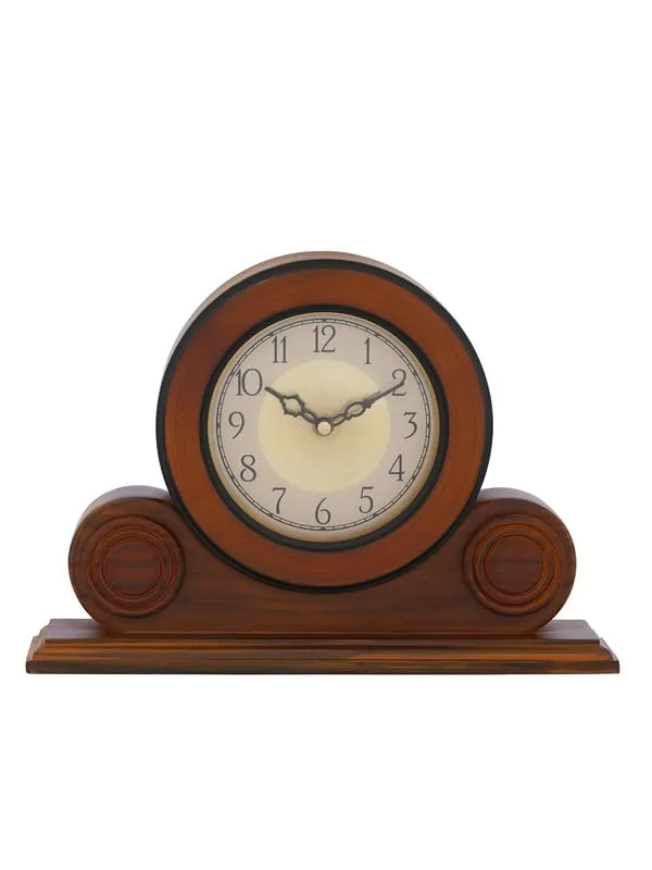 INDIANA CRAFT Beautiful Brown Colour Wooden English Numbers Round Golden Colour Dial Analog Table Clock for Office Desk Home Living Study Room Gifts (Size: 32 x 7 x 22 CM | Weight: 1275 Gram)