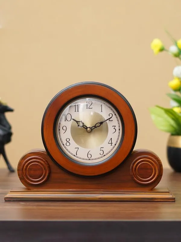 INDIANA CRAFT Beautiful Brown Colour Wooden English Numbers Round Golden Colour Dial Analog Table Clock for Office Desk Home Living Study Room Gifts (Size: 32 x 7 x 22 CM | Weight: 1275 Gram)