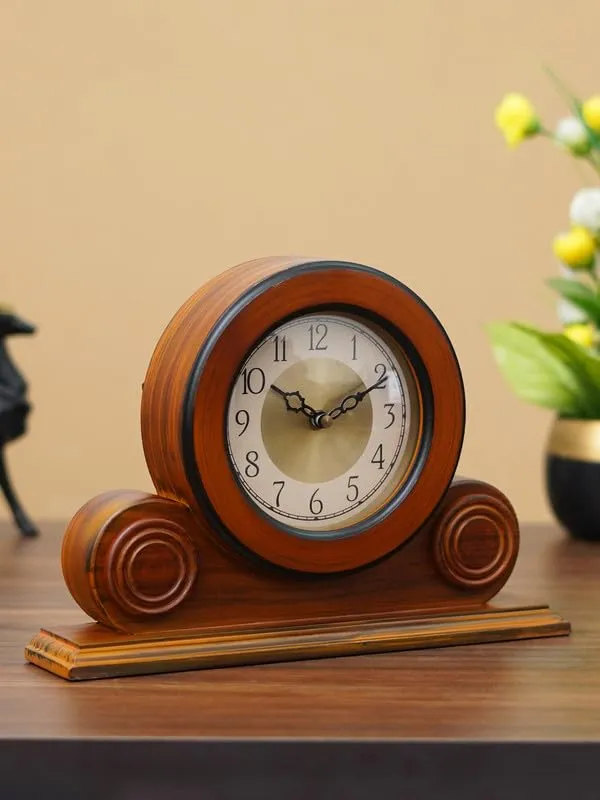 INDIANA CRAFT Beautiful Brown Colour Wooden English Numbers Round Golden Colour Dial Analog Table Clock for Office Desk Home Living Study Room Gifts (Size: 32 x 7 x 22 CM | Weight: 1275 Gram)