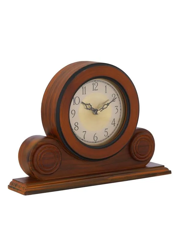 INDIANA CRAFT Beautiful Brown Colour Wooden English Numbers Round Golden Colour Dial Analog Table Clock for Office Desk Home Living Study Room Gifts (Size: 32 x 7 x 22 CM | Weight: 1275 Gram)