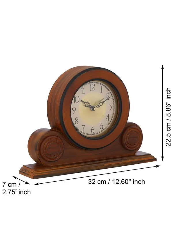 INDIANA CRAFT Beautiful Brown Colour Wooden English Numbers Round Golden Colour Dial Analog Table Clock for Office Desk Home Living Study Room Gifts (Size: 32 x 7 x 22 CM | Weight: 1275 Gram)