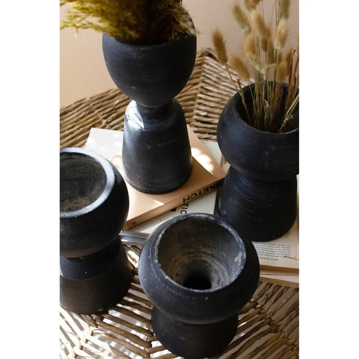 Kalalou - SET OF FOUR BLACK CLAY VASES - H4263