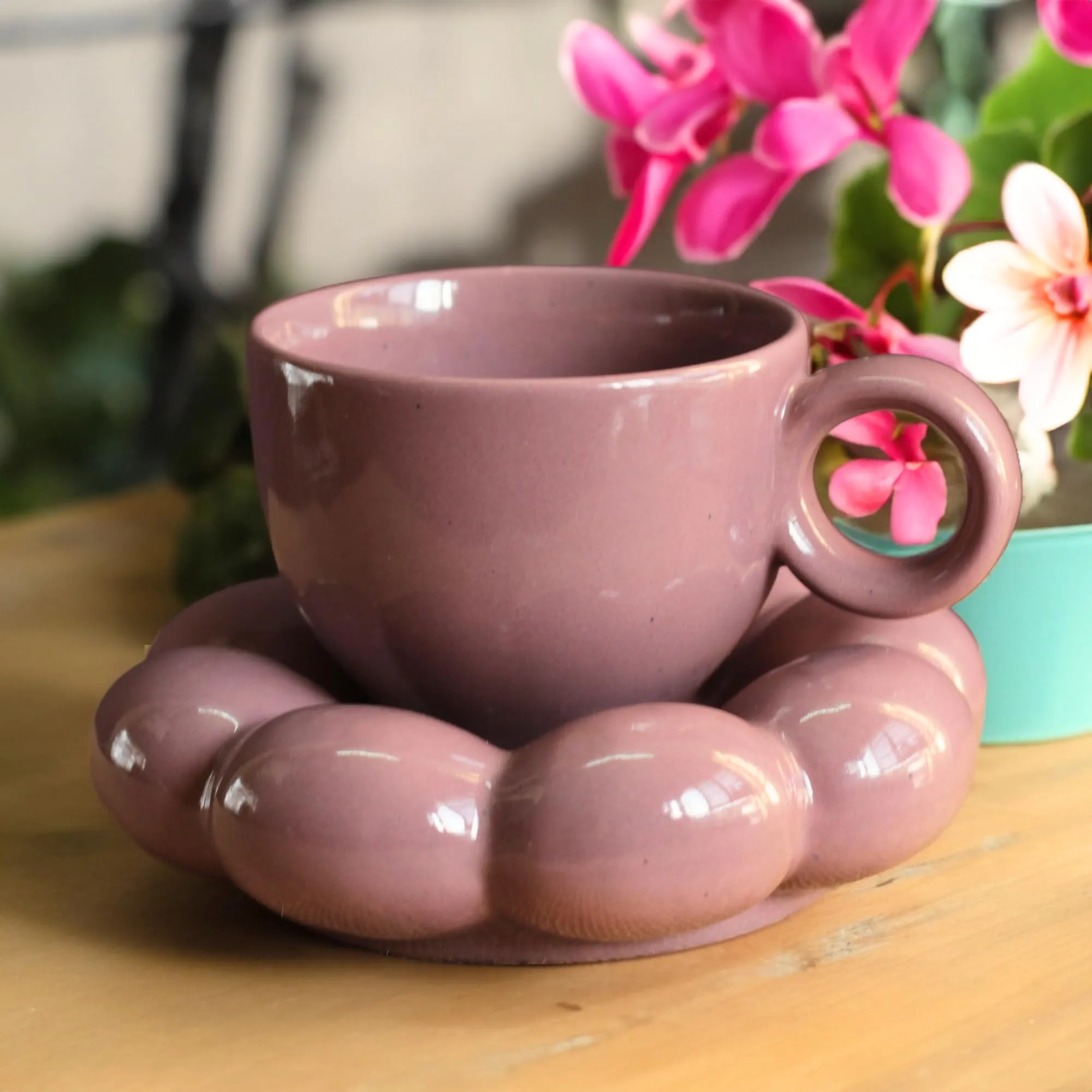 Kawai Homes Cute Sunflower Ceramic Cup Microwave Safe Aesthetic Handmade Saucer Set for Couples Coffee Chai Tea Kids (300 ml, Purple)