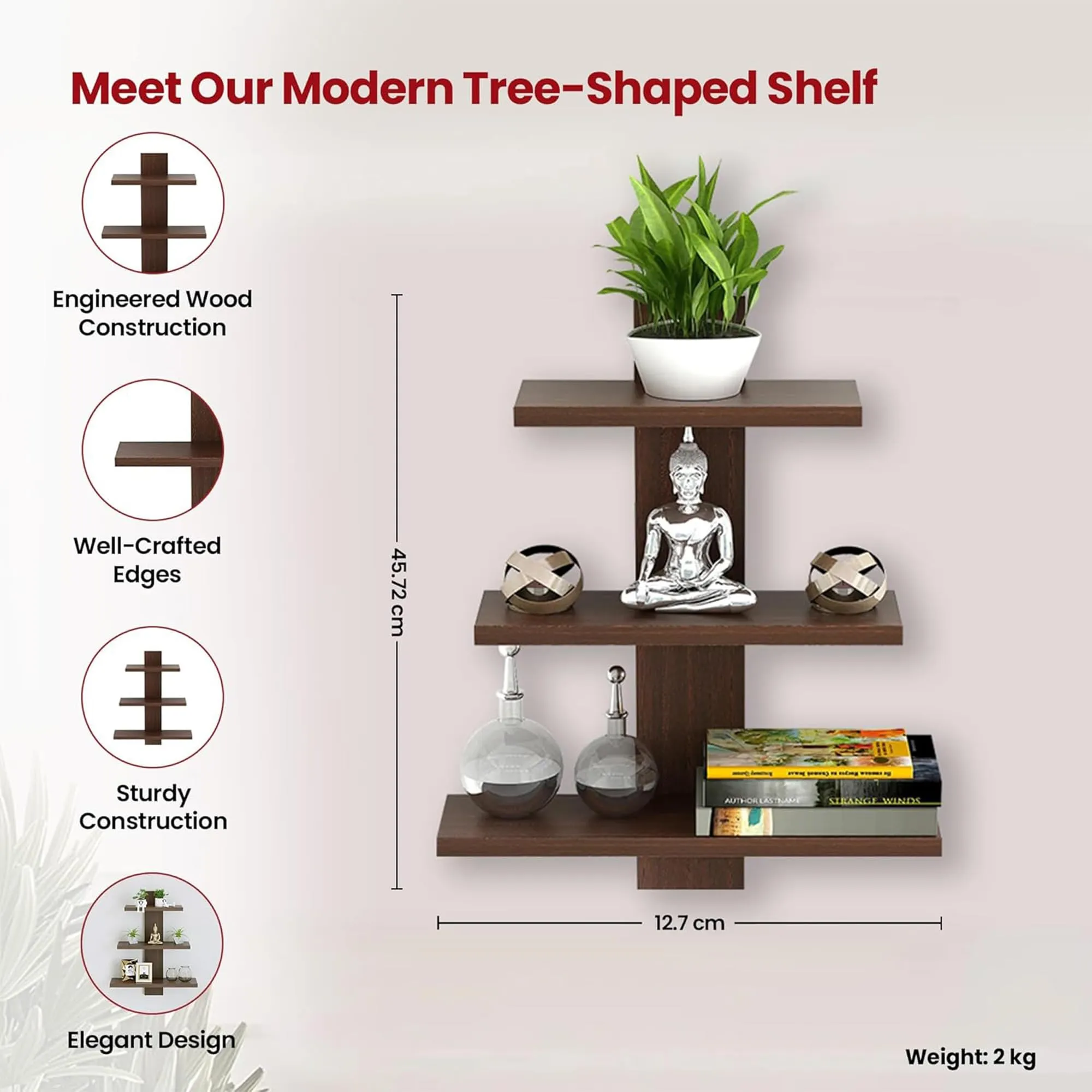 Kuber Industries Durable Wooden Tree Shape Ready to Assemble Book Wall Mount Wooden Wall Shelf for Bedroom & Living Room | Furniture Wall Hanging Rack Shelf for Decor | Brown