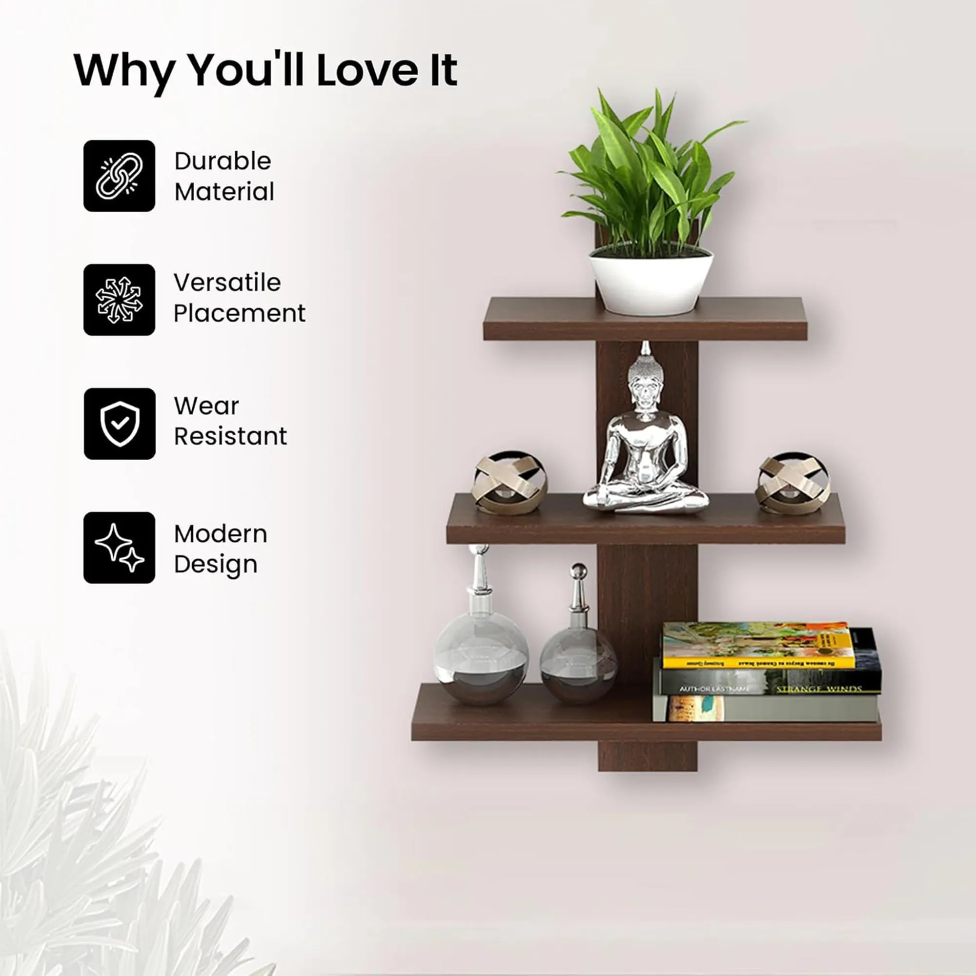 Kuber Industries Sturdy Wooden Tree Shape Ready to Assemble Book Wall Mount Wooden Wall Shelf for Bedroom & Living Room | Furniture Wall Hanging Rack Shelf for Decor | Brown