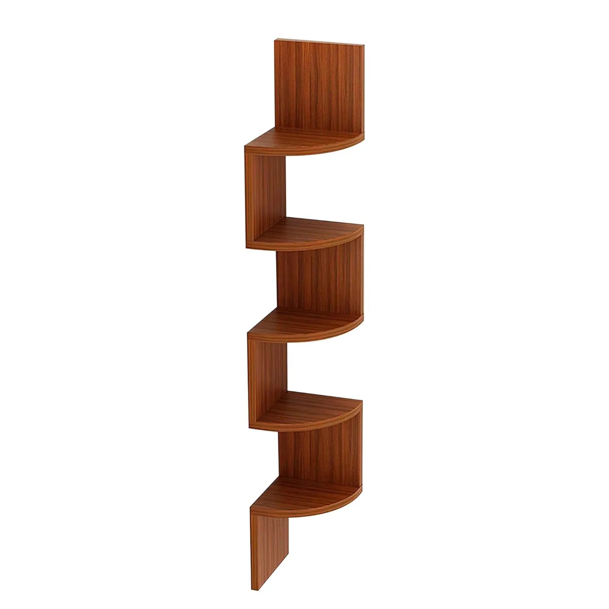 Kuber Industries Wooden Sturdy 5 Tier Zig Zag Corner Wall Mount Wooden Wall Shelf for Bedroom & Living Room | Furniture Wall Rack Shelf for Decor | Walnut