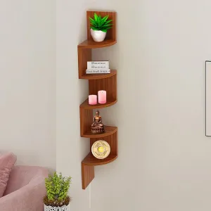 Kuber Industries Wooden Sturdy 5 Tier Zig Zag Corner Wall Mount Wooden Wall Shelf for Bedroom & Living Room | Furniture Wall Rack Shelf for Decor | Walnut