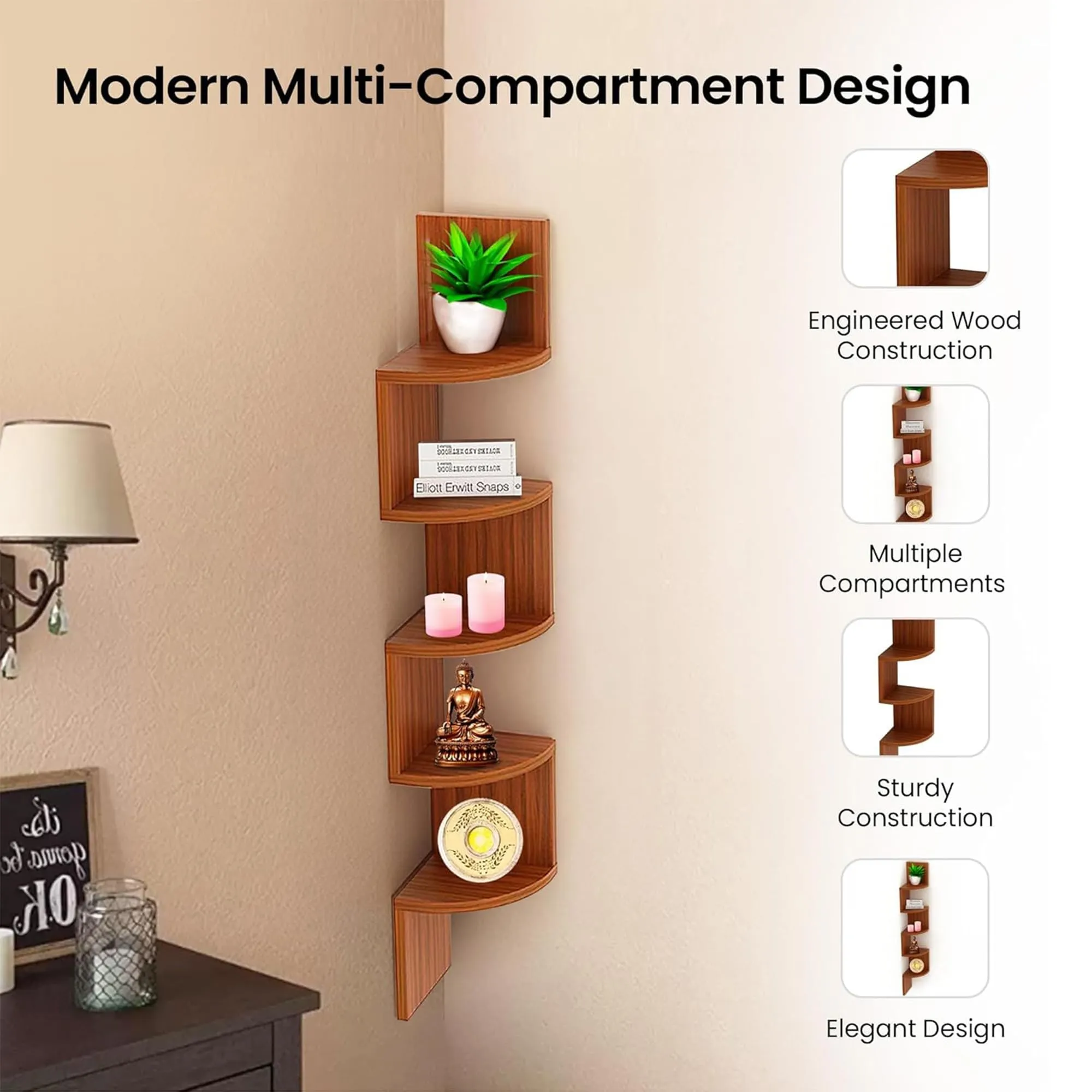 Kuber Industries Wooden Sturdy 5 Tier Zig Zag Corner Wall Mount Wooden Wall Shelf for Bedroom & Living Room | Furniture Wall Rack Shelf for Decor | Walnut