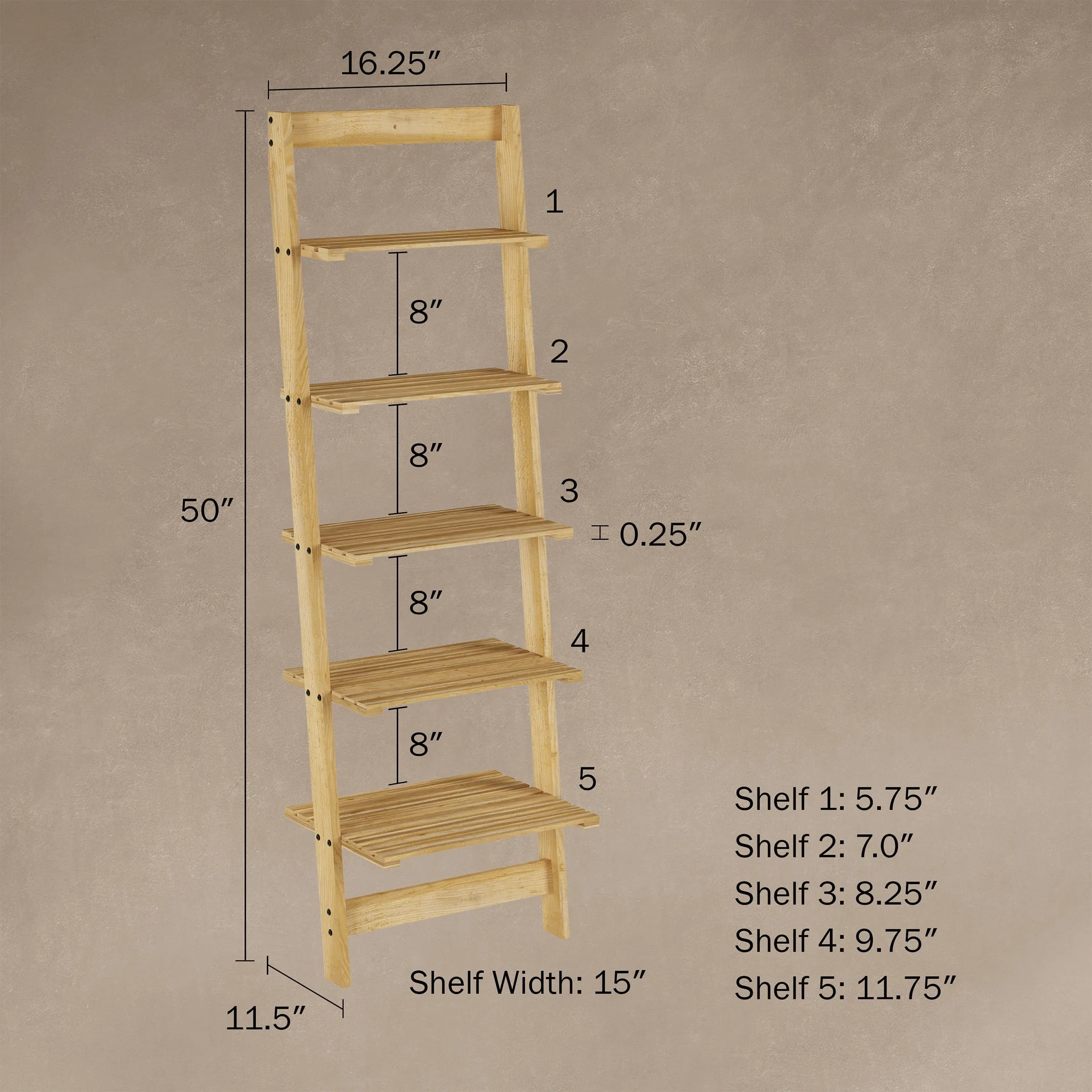 L5-Tier Ladder Shelf – Leaning Book Case – Bookshelf for Bedroom, Living Room, or Kitchen Shelving – Home Décor by  (Oak)