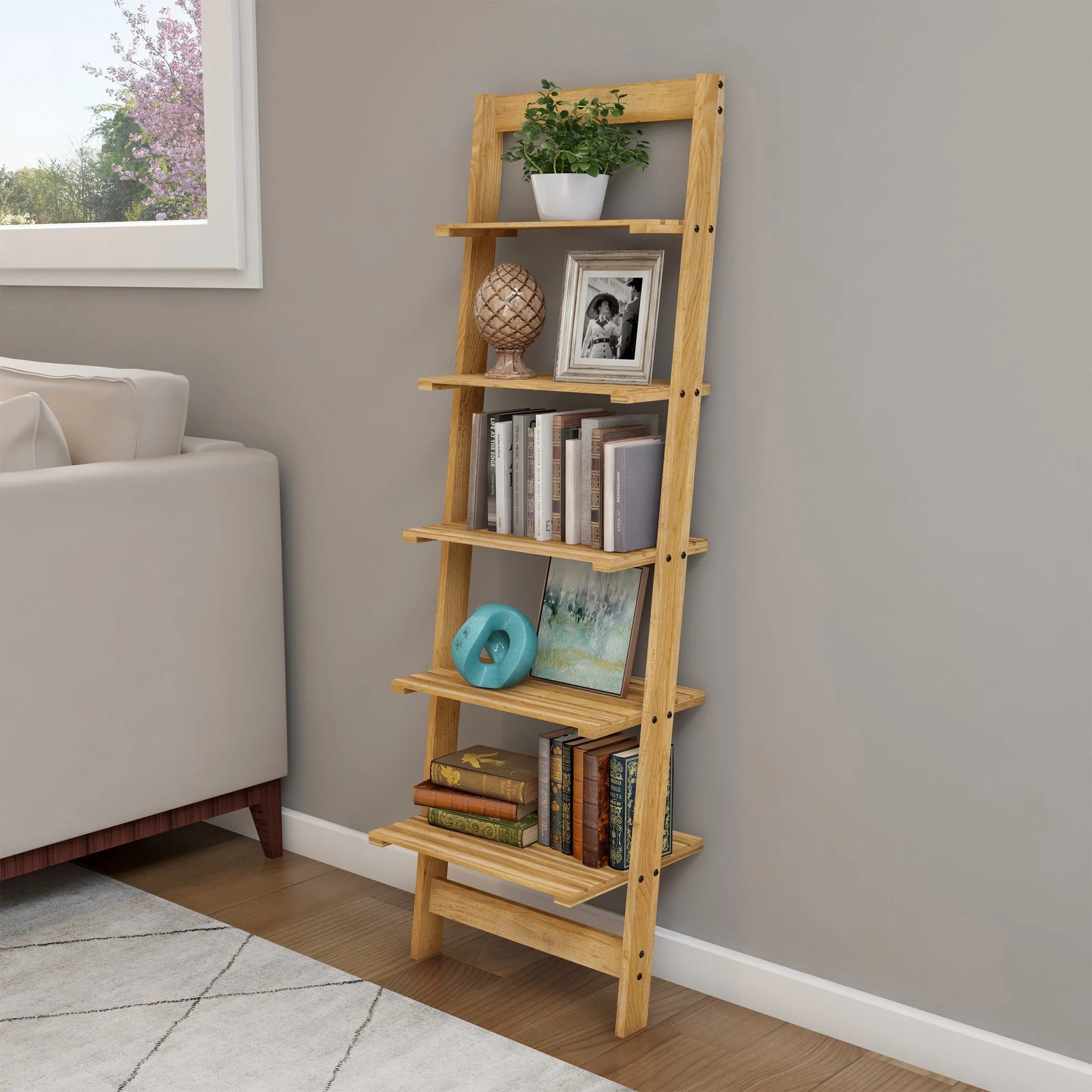 L5-Tier Ladder Shelf – Leaning Book Case – Bookshelf for Bedroom, Living Room, or Kitchen Shelving – Home Décor by  (Oak)