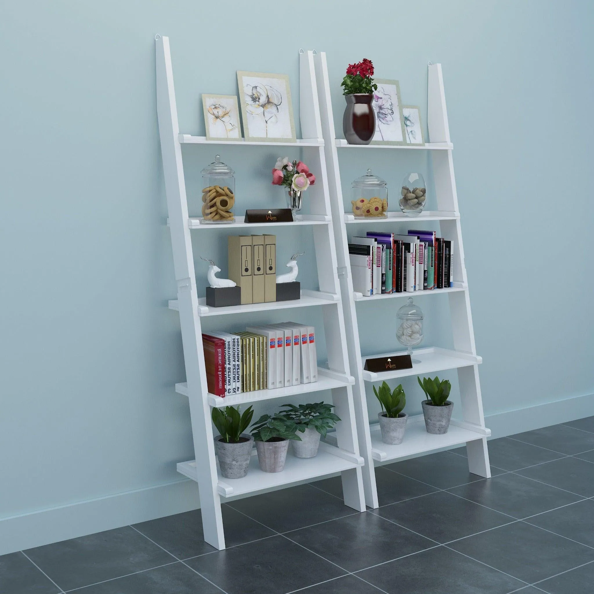 Leaning Bookcase Ladder and Room Organizer Engineered Wood Wall Shelf -Set of 2