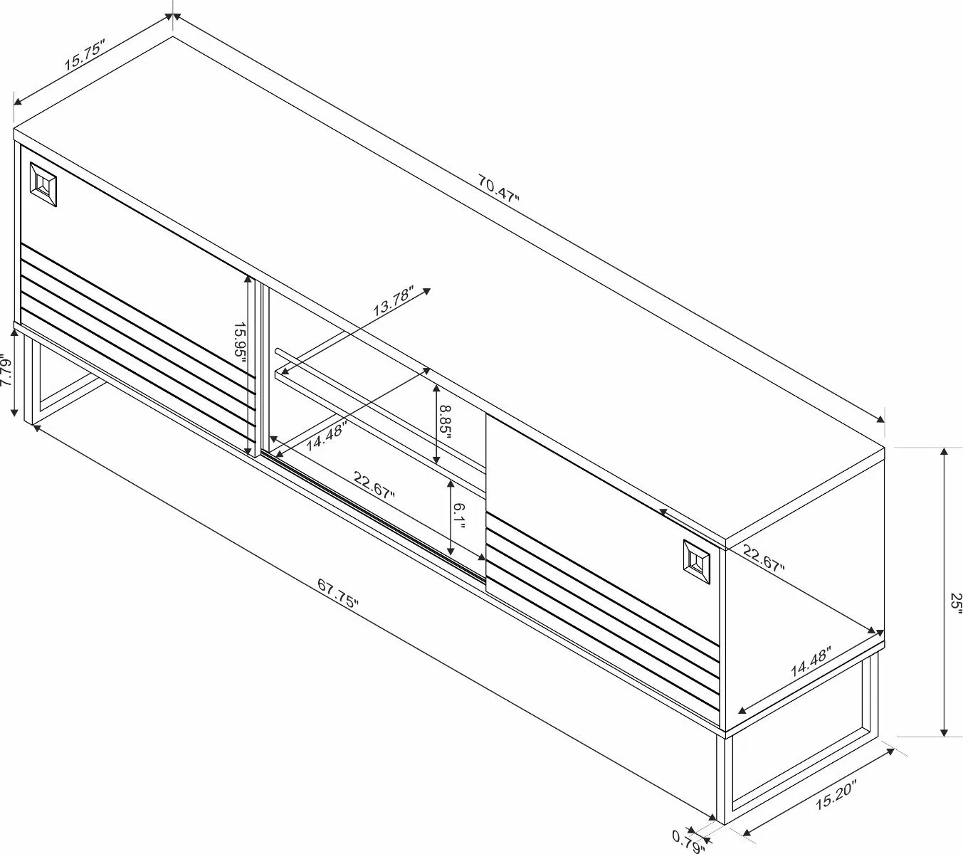 Loft 70.47 Modern TV Stand with Media Shelves and Steel Legs in Grey and Wood