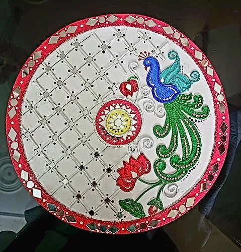 Regal Elegance: Peacock with Jali Pattern on MDF Board - Size 12x12, Crafted with Mouldit Clay, Acrylic Paint, and Mirrors