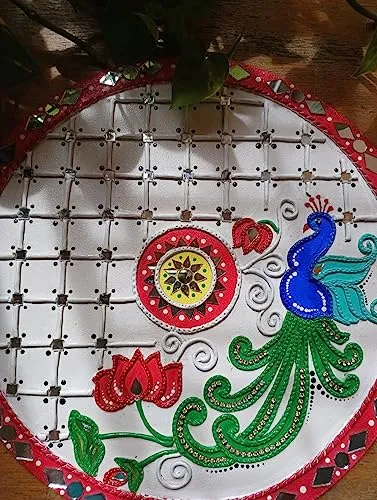 Regal Elegance: Peacock with Jali Pattern on MDF Board - Size 12x12, Crafted with Mouldit Clay, Acrylic Paint, and Mirrors