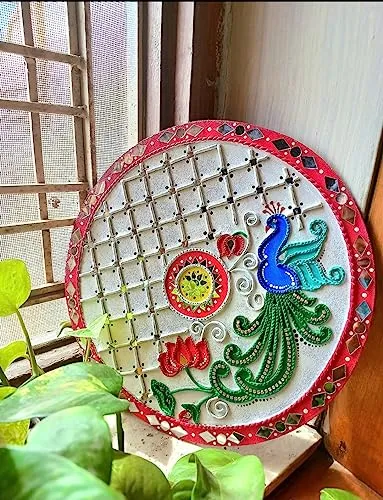 Regal Elegance: Peacock with Jali Pattern on MDF Board - Size 12x12, Crafted with Mouldit Clay, Acrylic Paint, and Mirrors