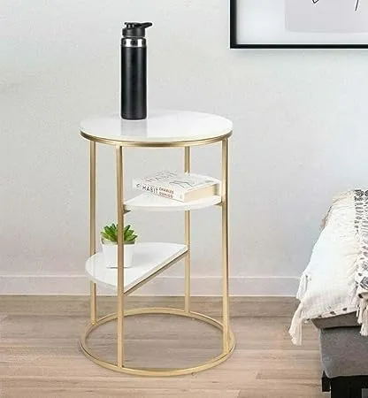 RESHUZ Round Metal Side Table Small Round Coffee Table Bedside Table, Corner Table, Foot Caps,Modern Accent Home Decor for Living Room, Bedroom (Golden & White)